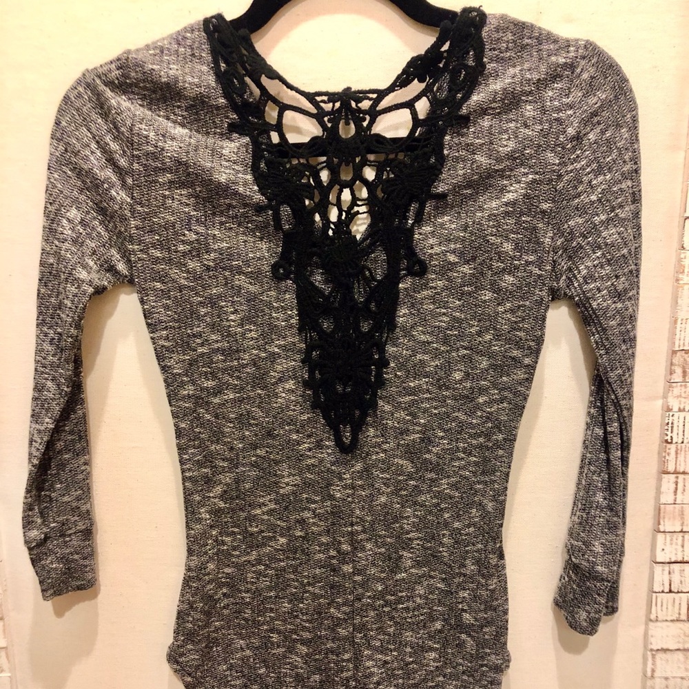 heather grey shirt with lace detail back